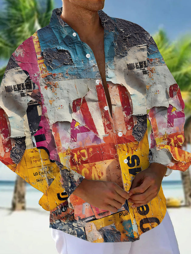 Vintage Poster Print Men's Pocket Long Sleeve Shirts