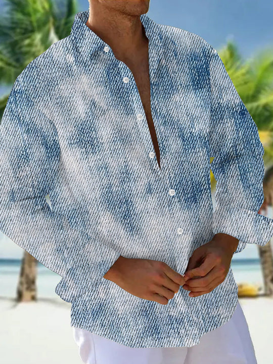 Adaychic Men's Printed Abstract Denim Texture Print Long Sleeve Shirt with Chest Pocket