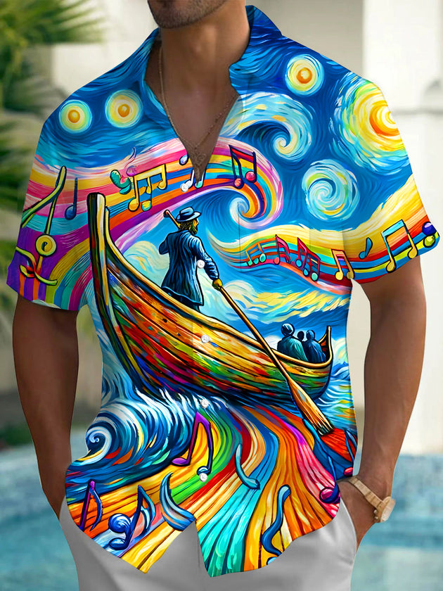 Starry Sky Ship Colorful Note Print Men's Pocket Short Sleeve Shirts