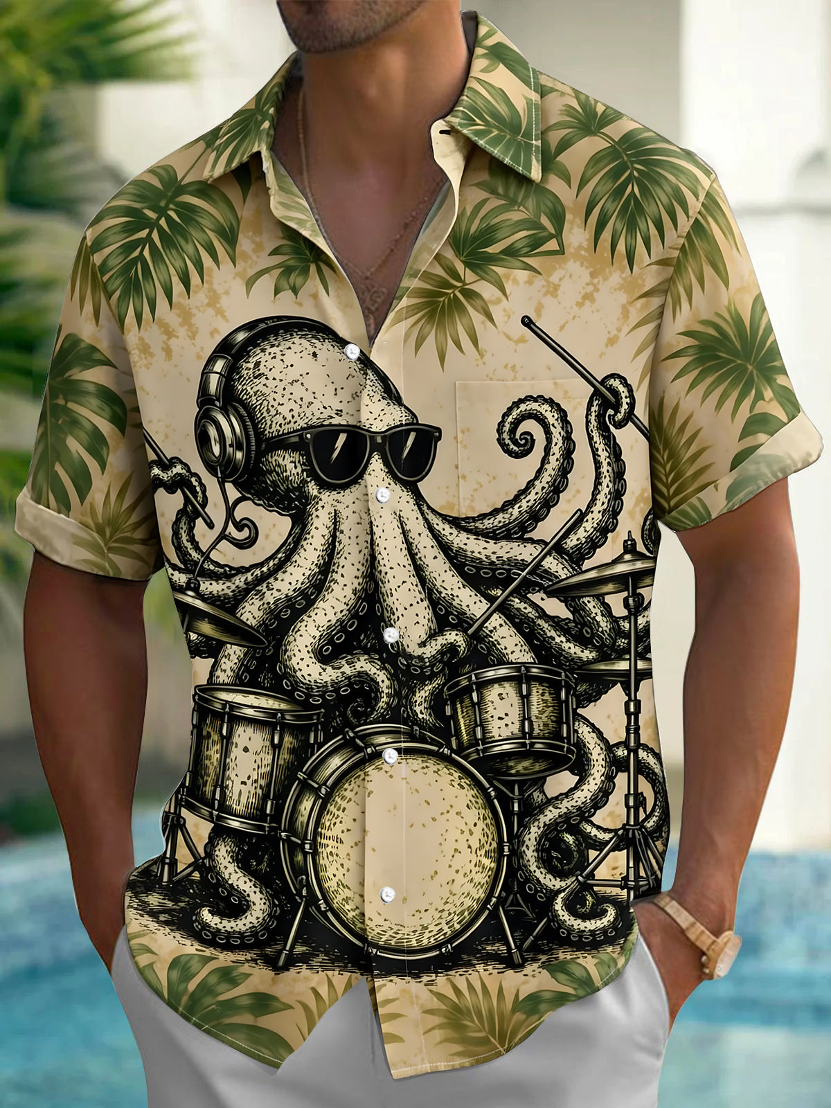 Adaychic Men's Hawaiian Octopus Drummer Print Short Sleeve Shirt with Chest Pocket