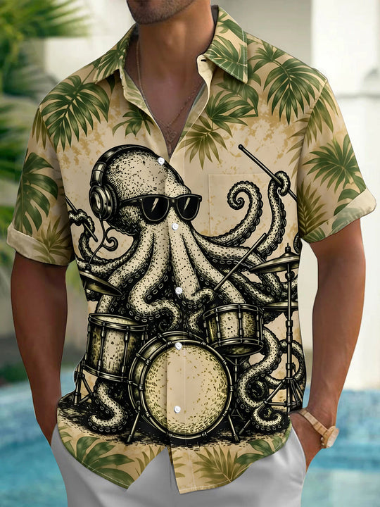 Adaychic Men's Hawaiian Octopus Drummer Print Short Sleeve Shirt with Chest Pocket