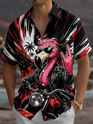 Motorcycle Punk Flamingo Print Men's Pocket Short Sleeve Shirts