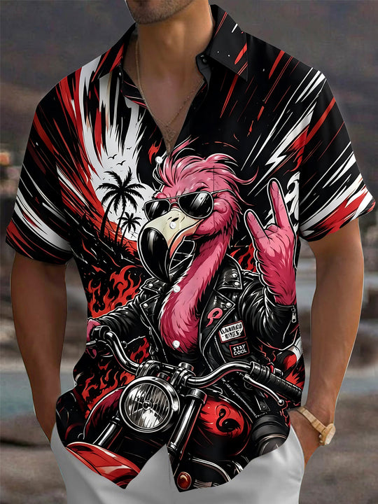 Motorcycle Punk Flamingo Print Men's Pocket Short Sleeve Shirts