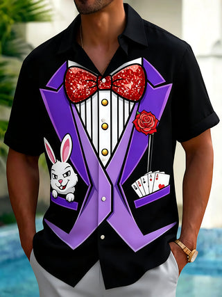 Adaychic Men's Graphic Magic Rabbit Print Short Sleeve Dress with Chest Pocket