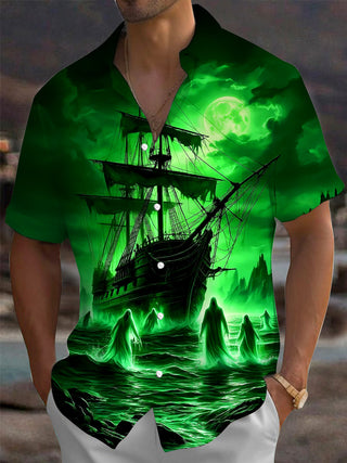 Adaychic Men's Graphic Ghost Ship Print Short Sleeve Shirt with Chest Pocket