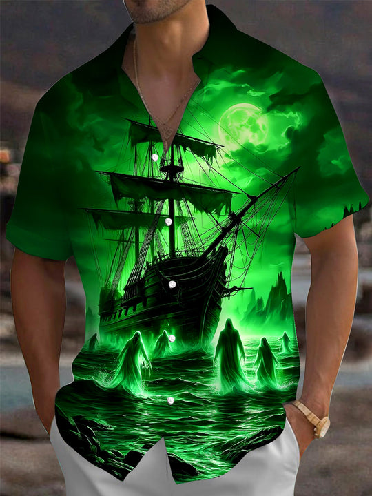 Adaychic Men's Graphic Ghost Ship Print Short Sleeve Shirt with Chest Pocket