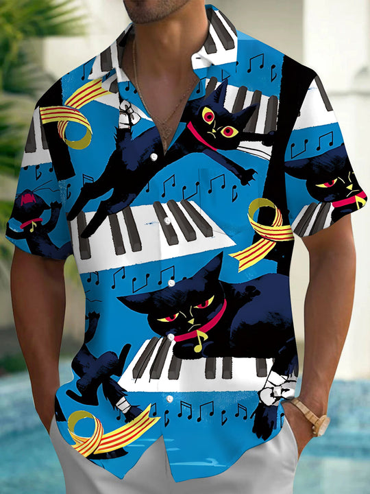 Adaychic Men's Hawaiian Black Cat Print Short Sleeve Shirt with Chest Pocket