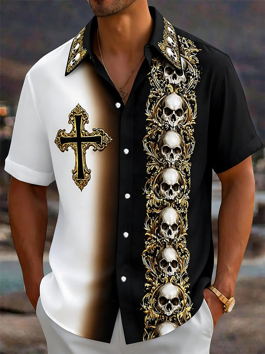 Adaychic Men's Skull And Cross Ornament Print Short Sleeve Shirt with Chest Pocket
