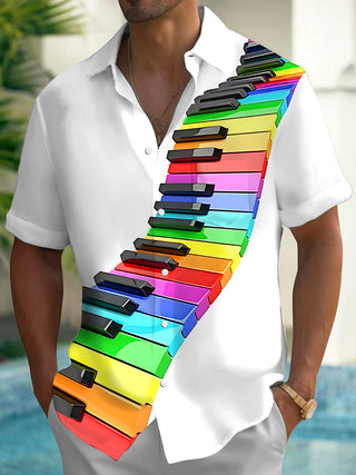 Adaychic Men's Graphic Rainbow Piano Keys Print Short Sleeve Shirt with Chest Pocket