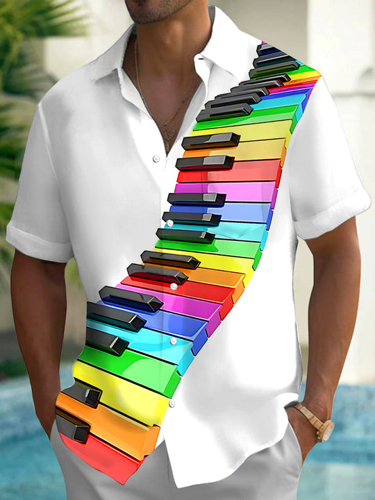 Adaychic Men's Graphic Rainbow Piano Keys Print Short Sleeve Shirt with Chest Pocket