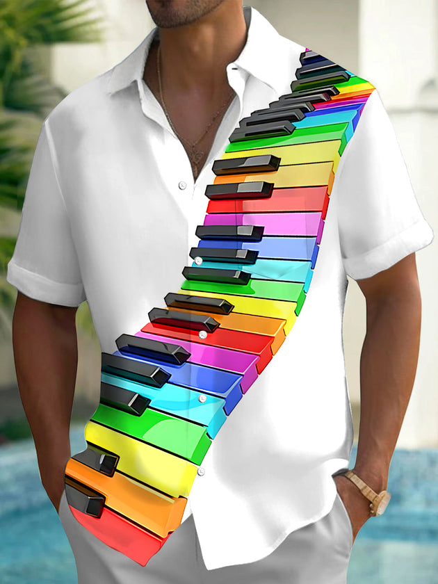 Colorful Piano Print Men's Pocket Short Sleeve Shirts