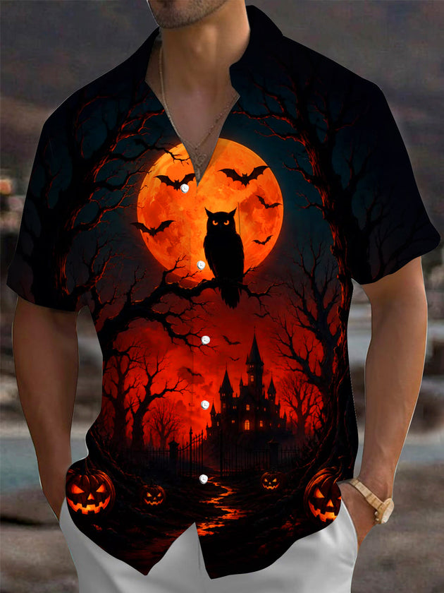Halloween Owl Castle Pumpkin Print Men's Pocket Short Sleeve Shirts