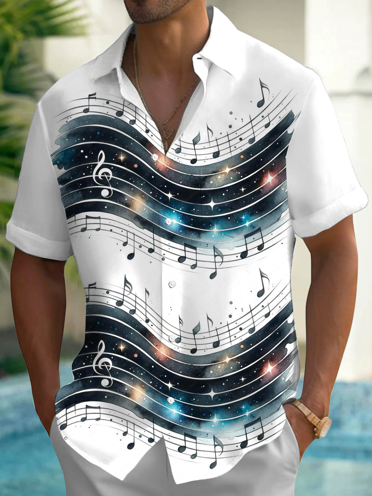 Adaychic Men's Graphic Music Notes On Staff Print Short Sleeve Shirt with Chest Pocket