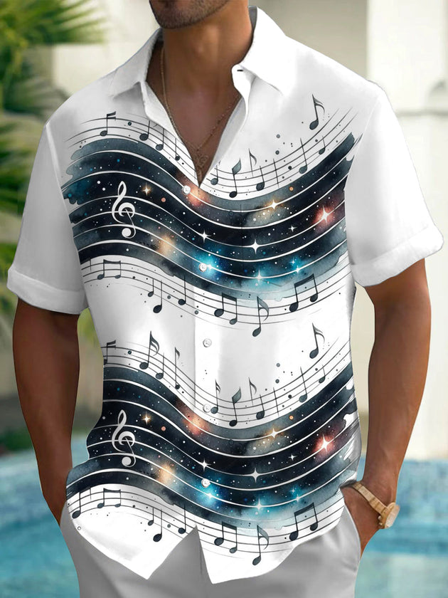 Music Note Print Men's Pocket Short Sleeve Shirts