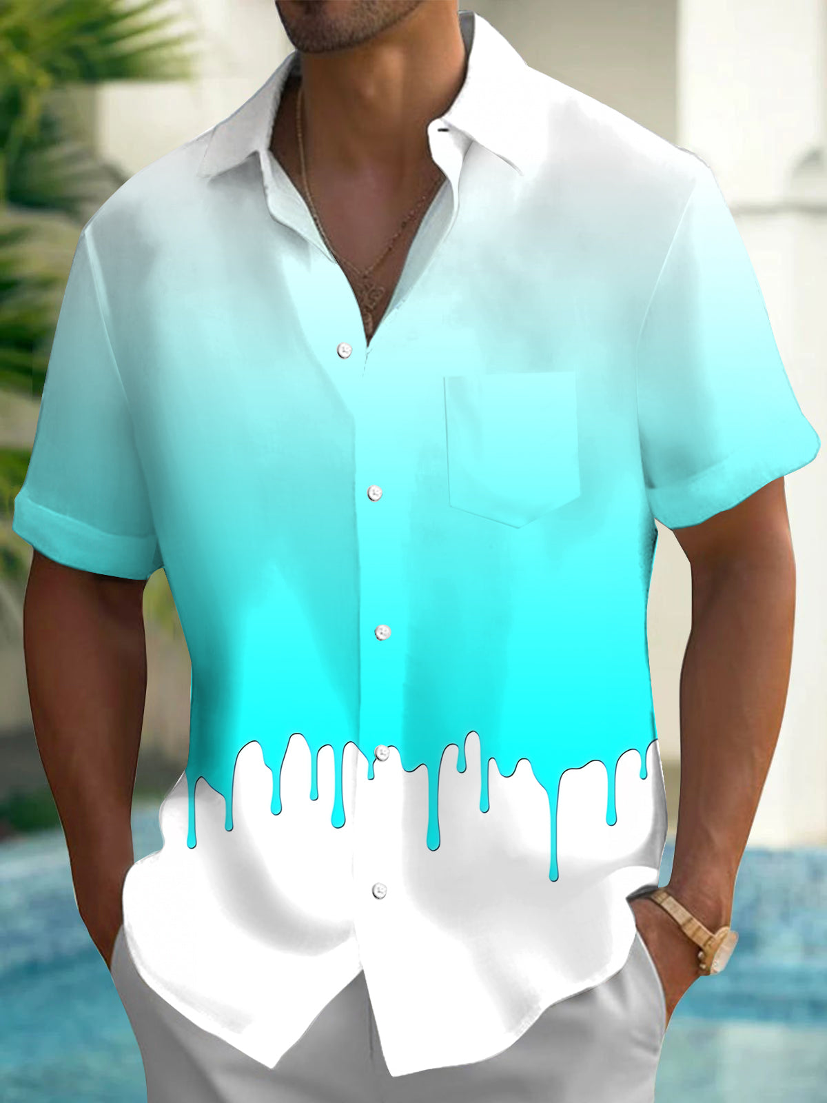Adaychic Men's Printed Gradient Drip Effect Print Short Sleeve Shirt with Chest Pocket