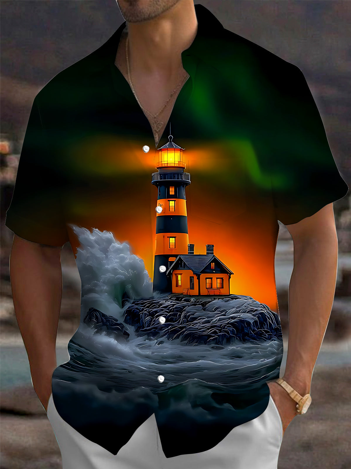 Adaychic Men's Graphic Lighthouse Sunset Print Short Sleeve Shirt with Chest Pocket