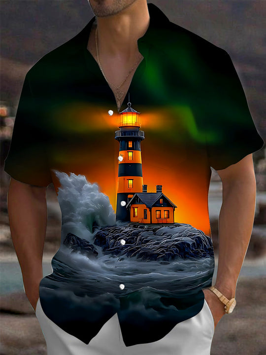 Adaychic Men's Graphic Lighthouse Sunset Print Short Sleeve Shirt with Chest Pocket