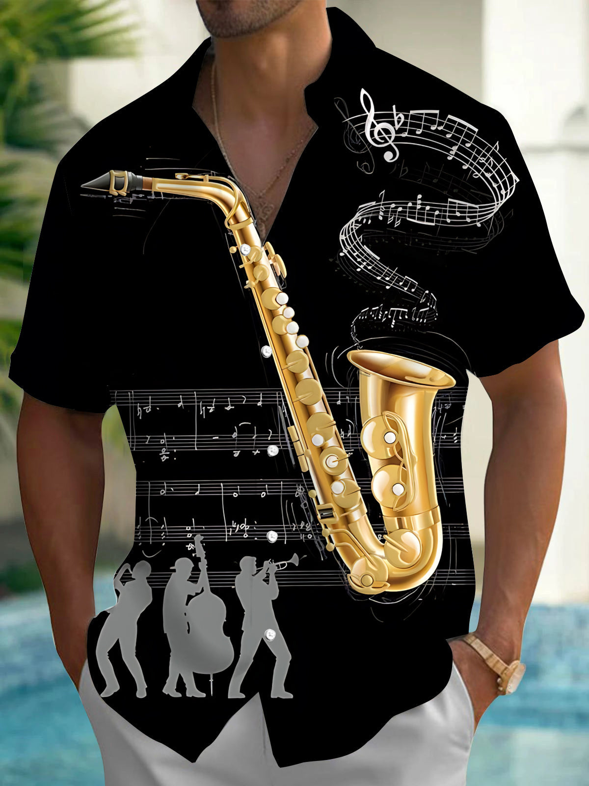 Adaychic Men's Graphic Saxophone Print Short Sleeve Shirt with Chest Pocket