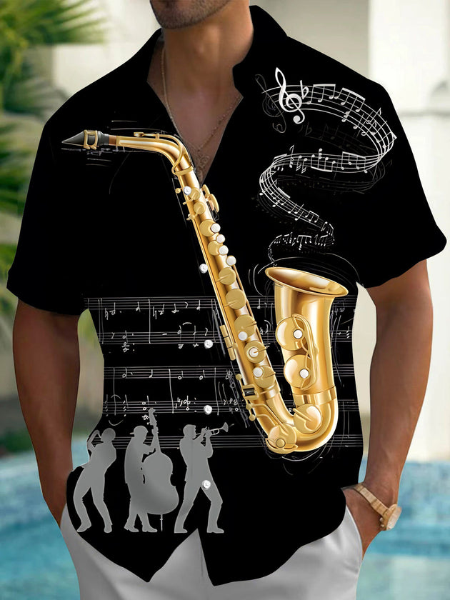 Jazz Saxophone Note Print Men's Pocket Short Sleeve Shirts