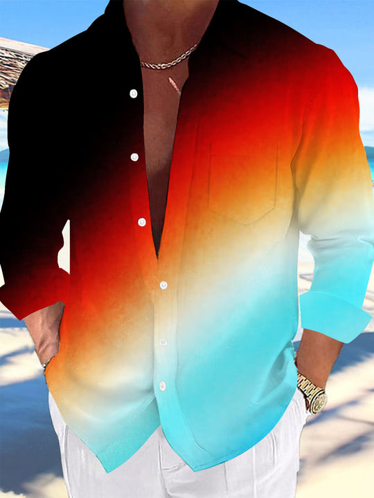 Adaychic Men's Printed Gradient Sunset Colors Print Long Sleeve Shirt with Chest Pocket