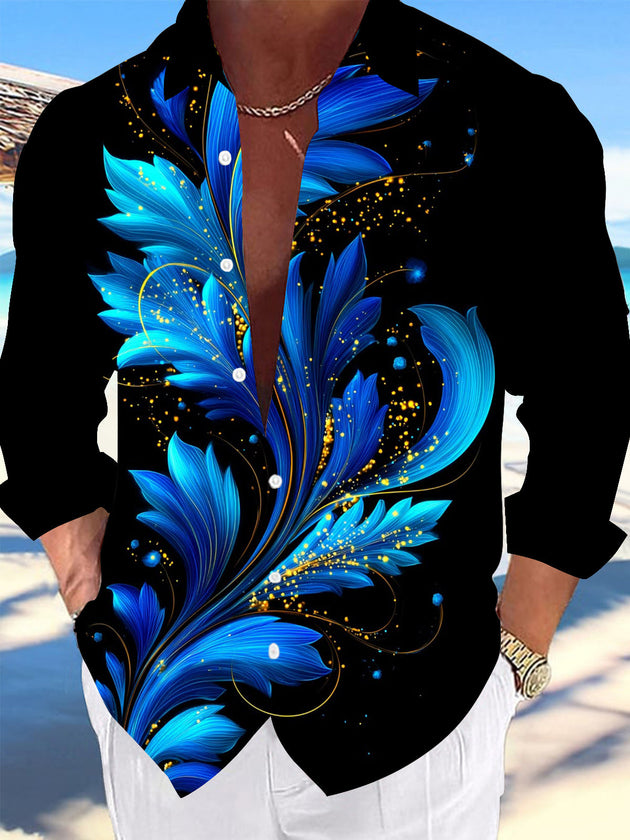 Adaychic Men's Hawaiian Blue Abstract Floral Print Long Sleeve Shirt with Chest Pocket