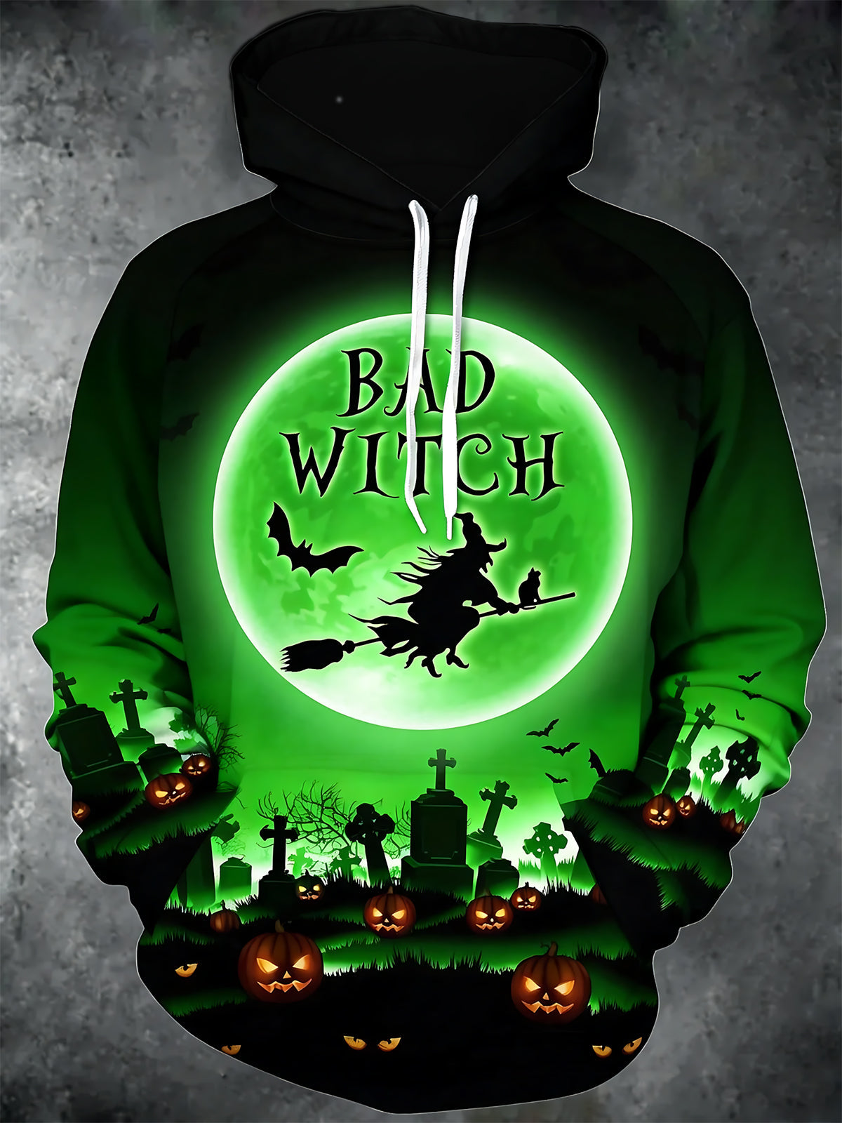 Halloween Witch Print Men's Long Sleeve Pocket Hooded Sweatshirt