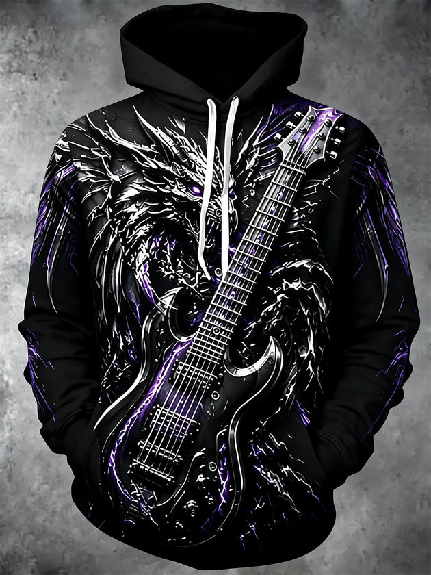 Dark Dragon Guitar Print Men's Long Sleeve Pocket Hooded Sweatshirt