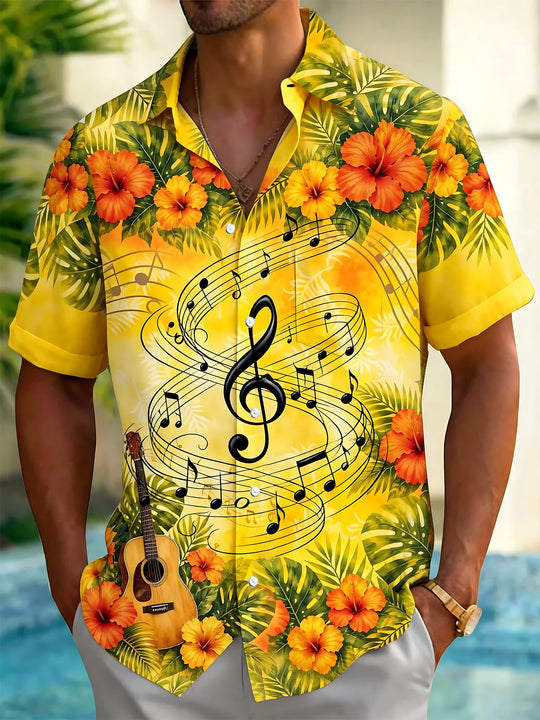 Adaychic Men's Musical Notes And Guitar Print Short Sleeve Shirt with Chest Pocket