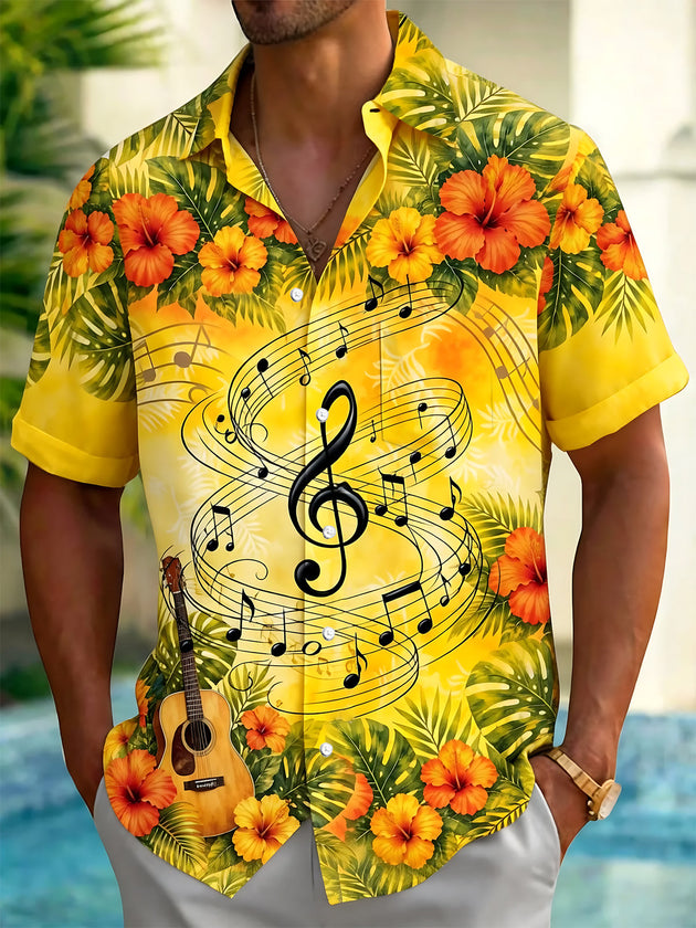 Adaychic Men's Musical Notes And Guitar Print Short Sleeve Shirt with Chest Pocket