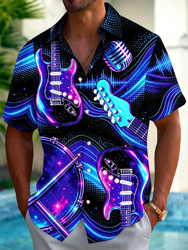 Adaychic Men's Graphic Neon Electric Guitar Print Short Sleeve Shirt with Chest Pocket