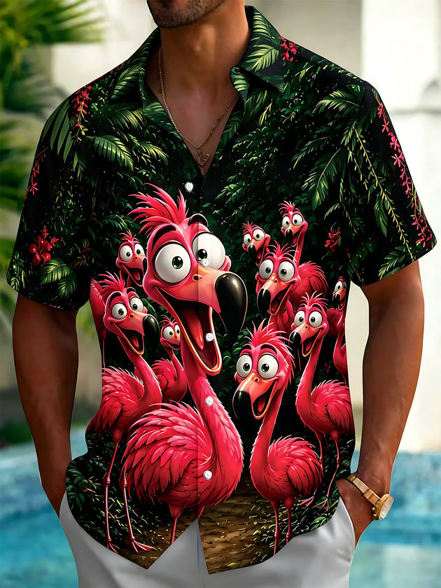 Tropical Plant Flamingo Print Men's Pocket Short Sleeve Shirts