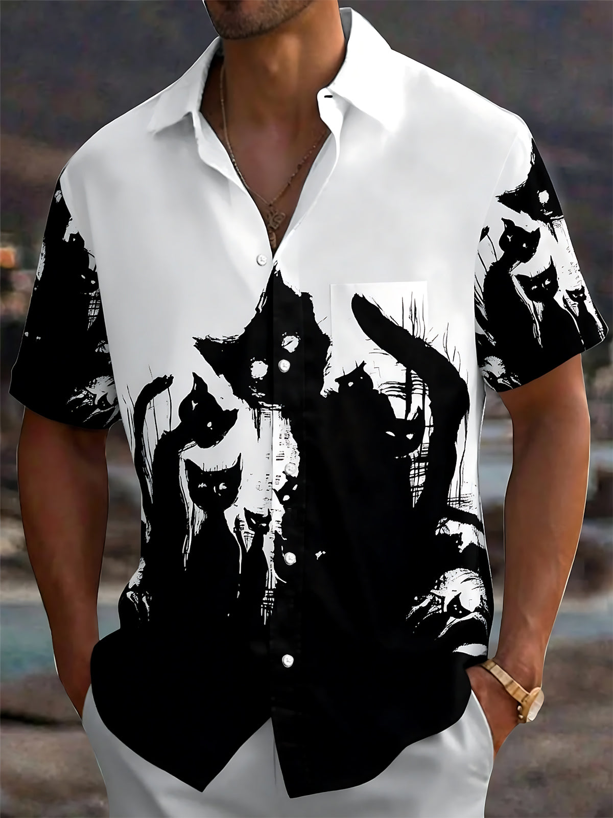 Adaychic Men's Graphic Black Cat Print Short Sleeve Shirt with Chest Pocket