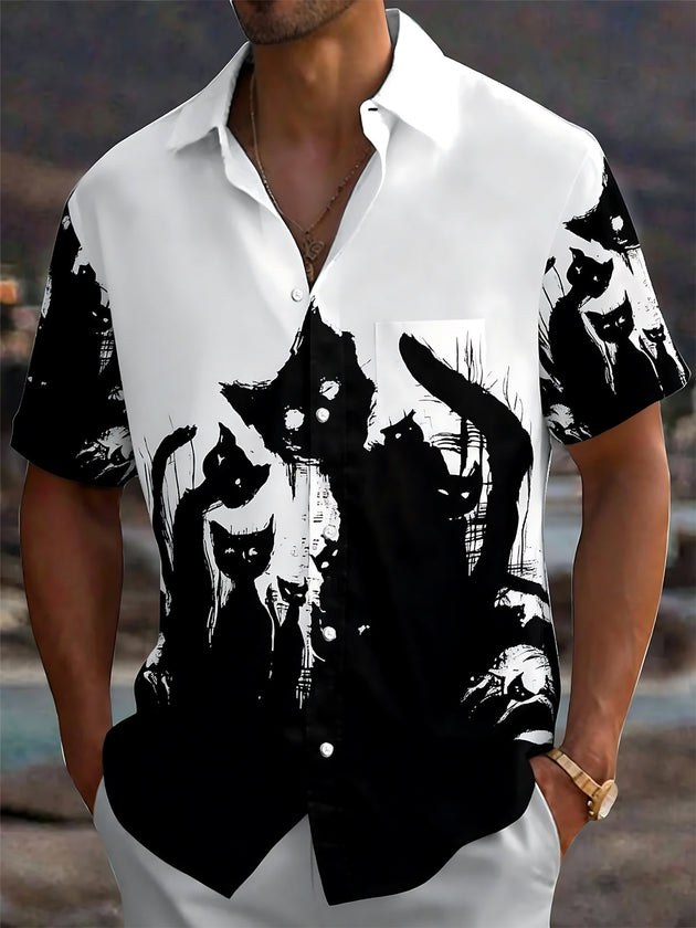 Adaychic Men's Graphic Black Cat Print Short Sleeve Shirt with Chest Pocket