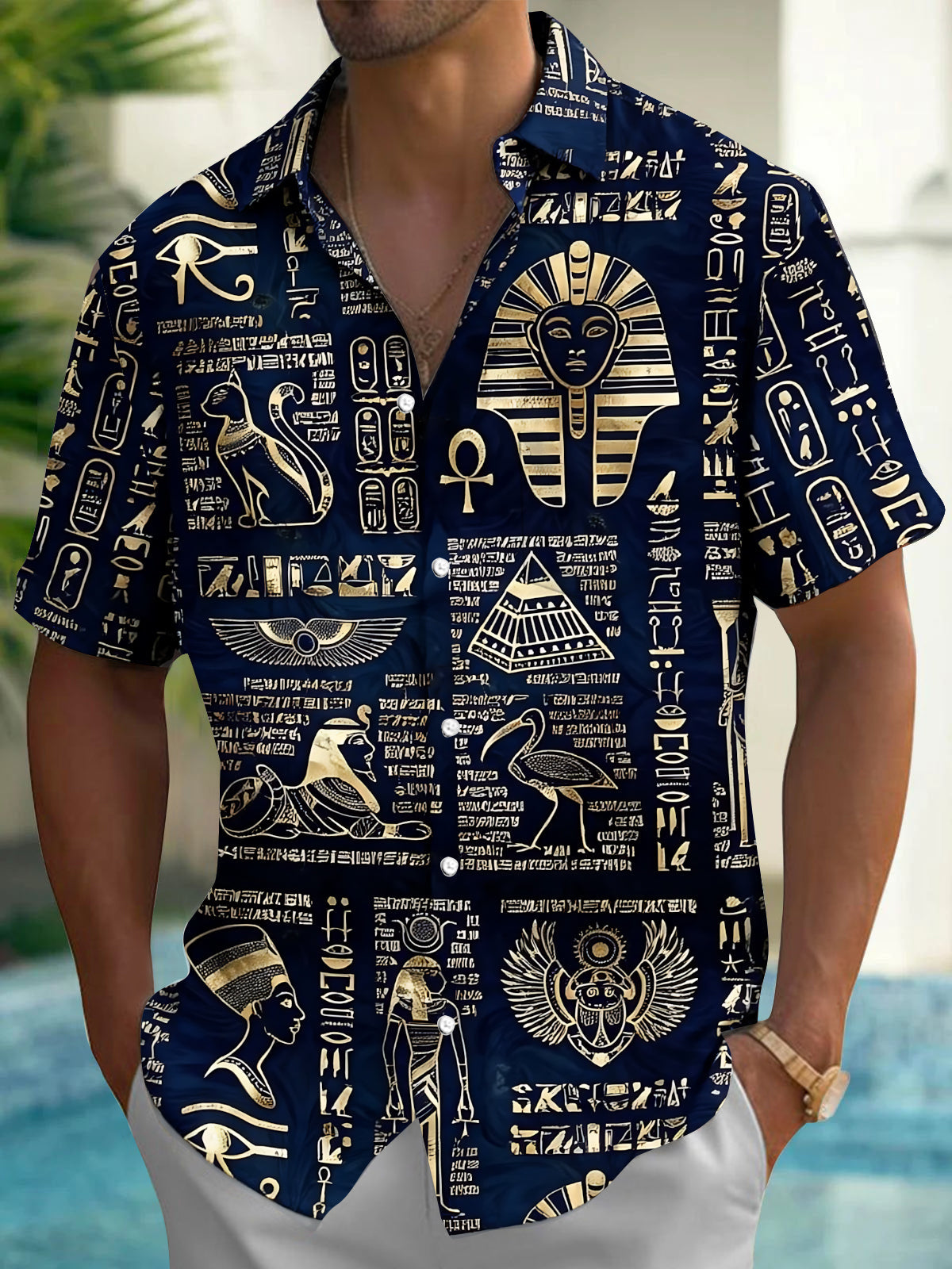 Adaychic Men's Ancient Egyptian Pharaoh Print Short Sleeve Shirt with Chest Pocket