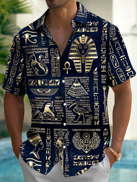 Adaychic Men's Ancient Egyptian Pharaoh Print Short Sleeve Shirt with Chest Pocket