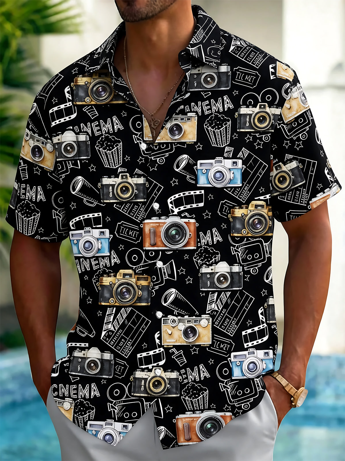 Vintage Camera Print Men's Pocket Short Sleeve Shirts