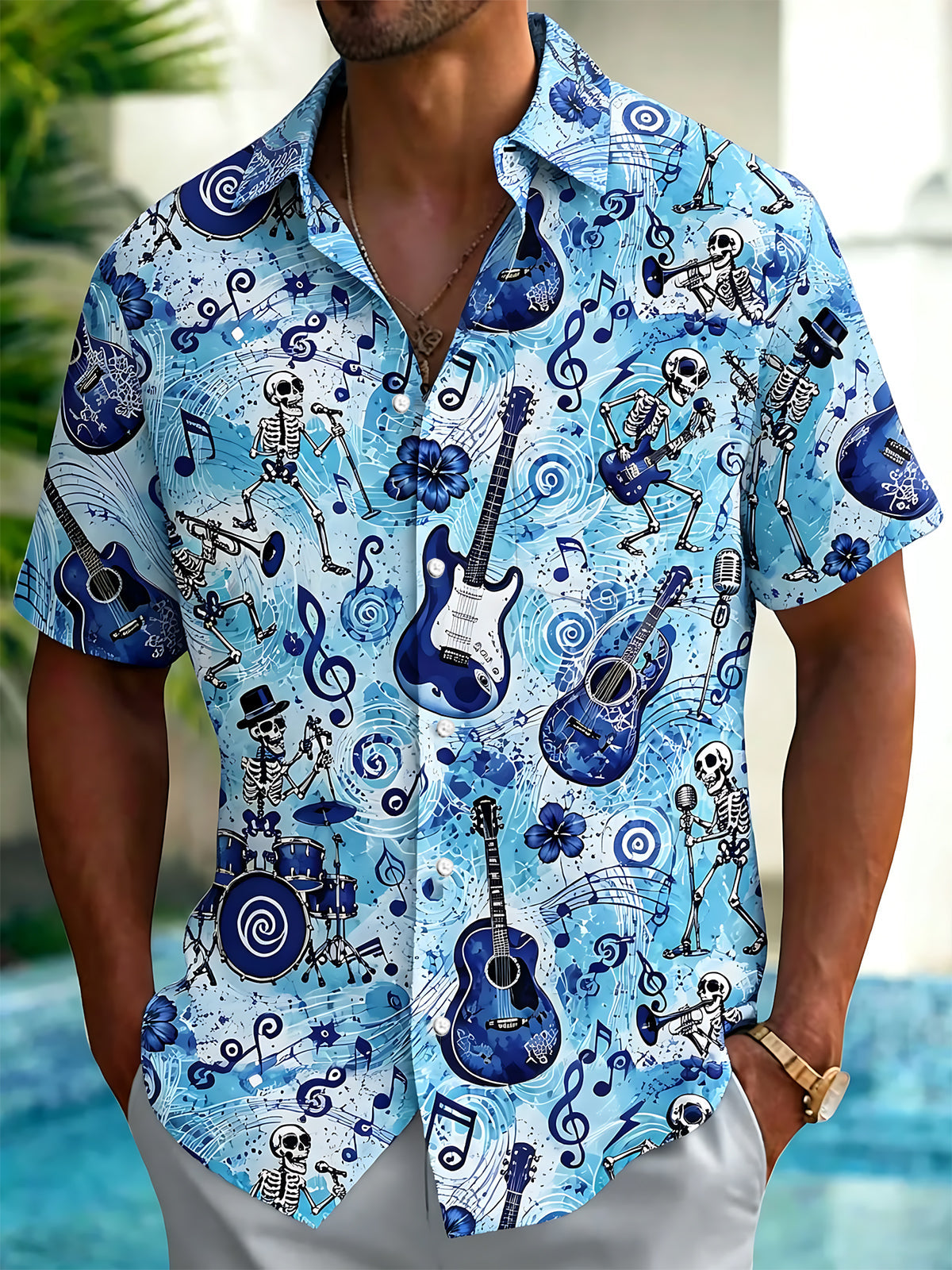 Adaychic Men's Hawaiian Skeleton Band Print Short Sleeve Shirt with Chest Pocket