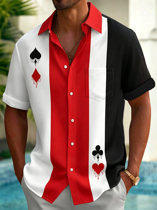 Adaychic Men's Dripping Playing Card Suits Print Short Sleeve Shirt with Chest Pocket