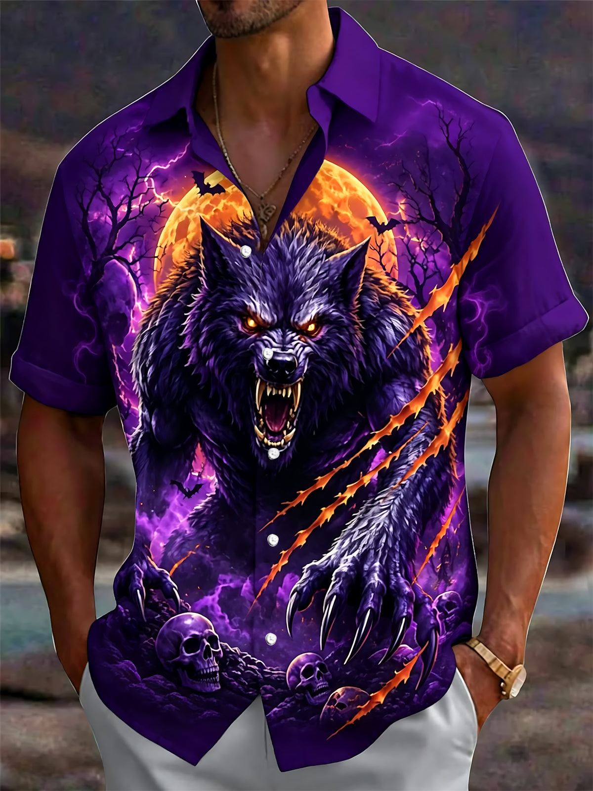 Adaychic Men's Graphic Werewolf Print Short Sleeve Shirt with Chest Pocket