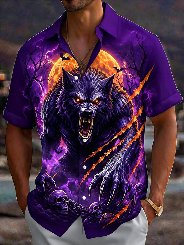 Adaychic Men's Graphic Werewolf Print Short Sleeve Shirt with Chest Pocket