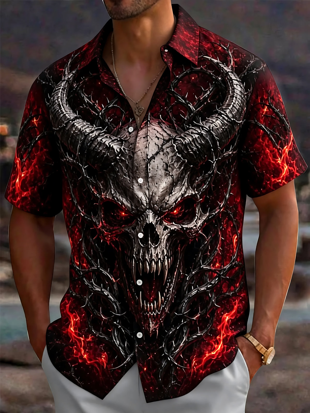 Adaychic Men's Graphic Demon Skull Print Short Sleeve Shirt with Chest Pocket
