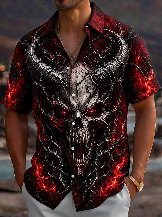 Adaychic Men's Graphic Demon Skull Print Short Sleeve Shirt with Chest Pocket