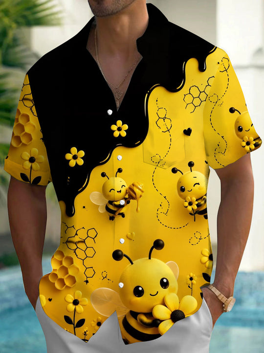 Adaychic Men's Hawaiian Cute Cartoon Bees Print Short Sleeve Shirt with Chest Pocket
