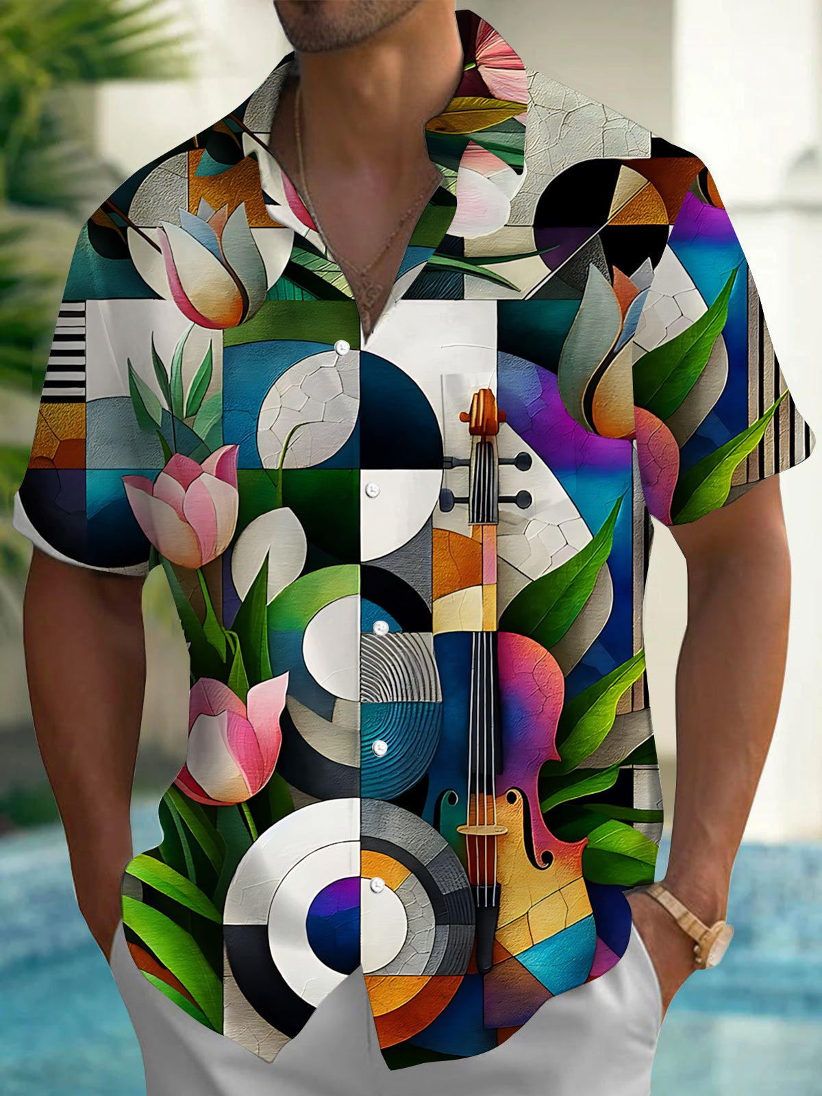 Adaychic Men's Violin And Tulip Geometric Print Short Sleeve Shirt with Chest Pocket