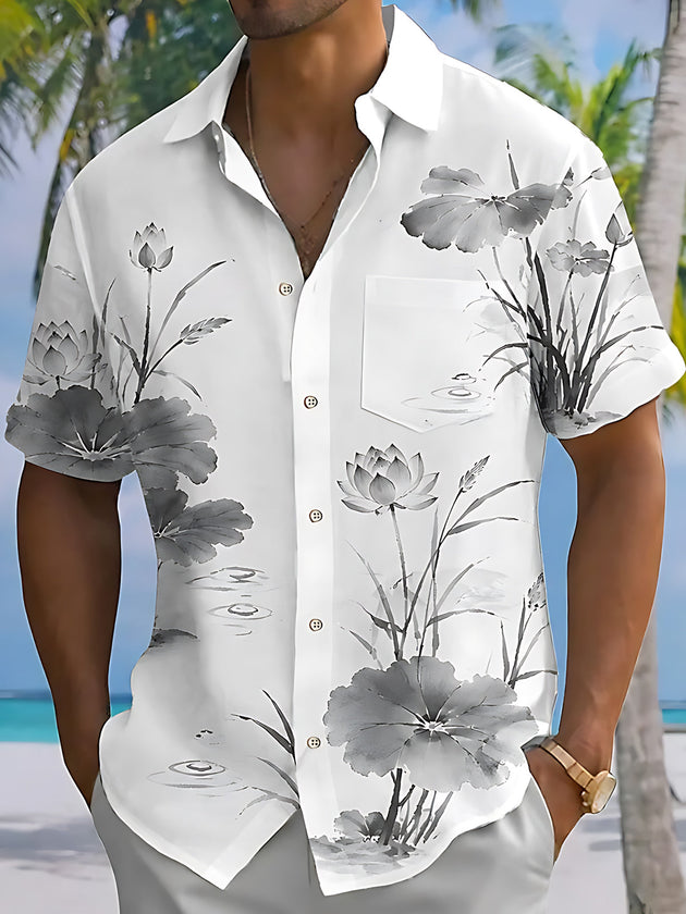 Adaychic Men's Black And White Lotus Flowers Print Short Sleeve Shirt with Chest Pocket