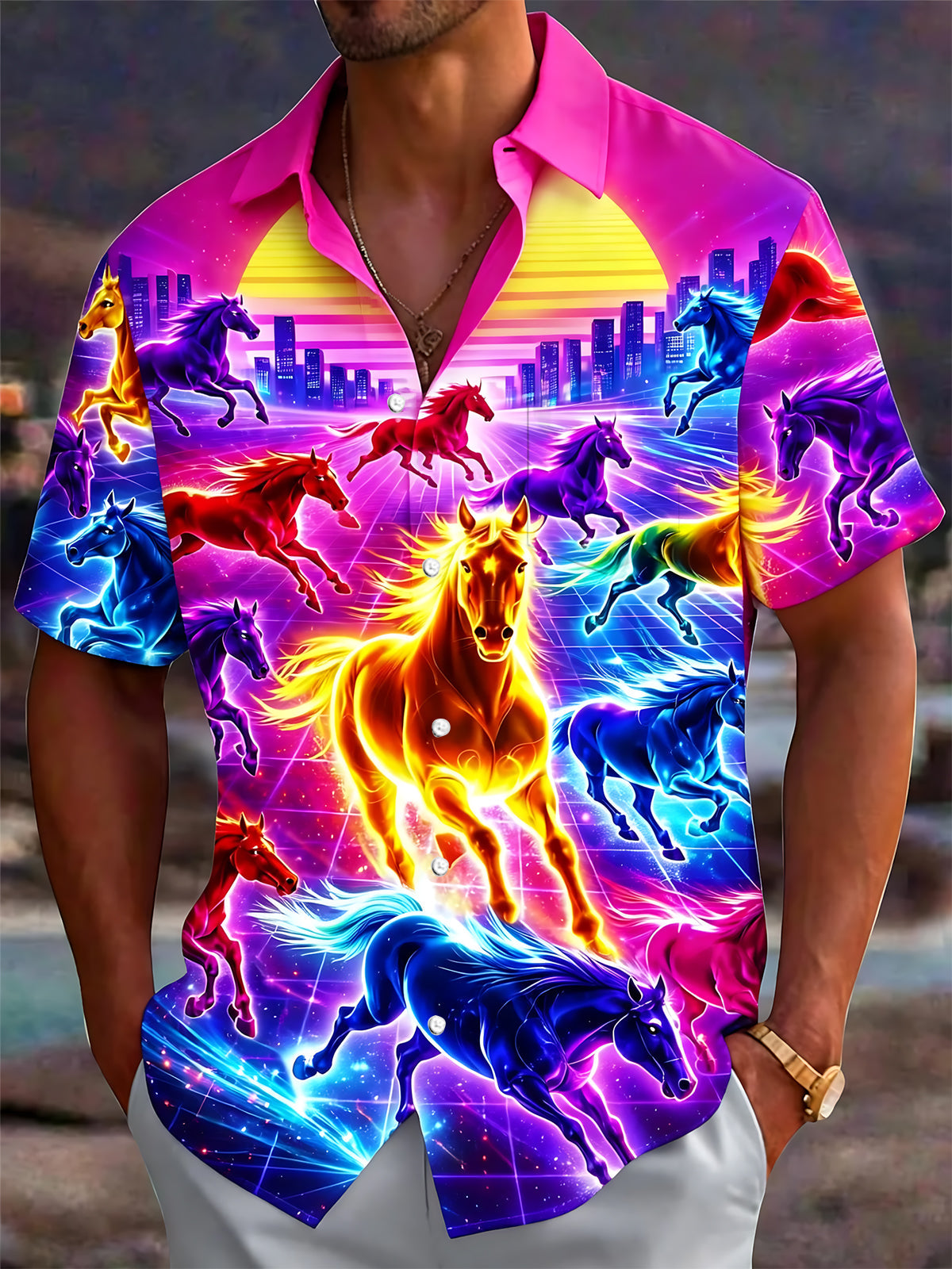 Adaychic Men's Hawaiian Neon Horses Print Short Sleeve Shirt with Chest Pocket