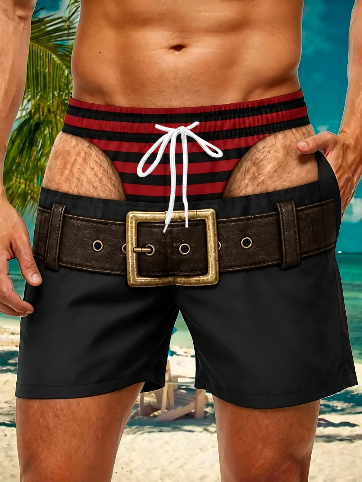Adaychic Men's Striped Striped Underwear Print Shorts with Chest Pocket