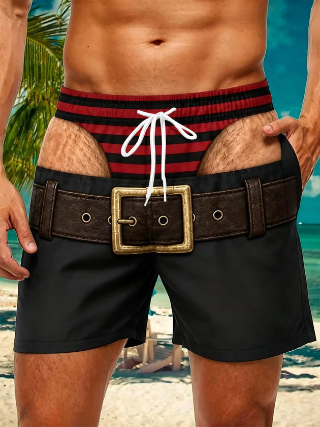 Adaychic Men's Striped Striped Underwear Print Shorts with Chest Pocket
