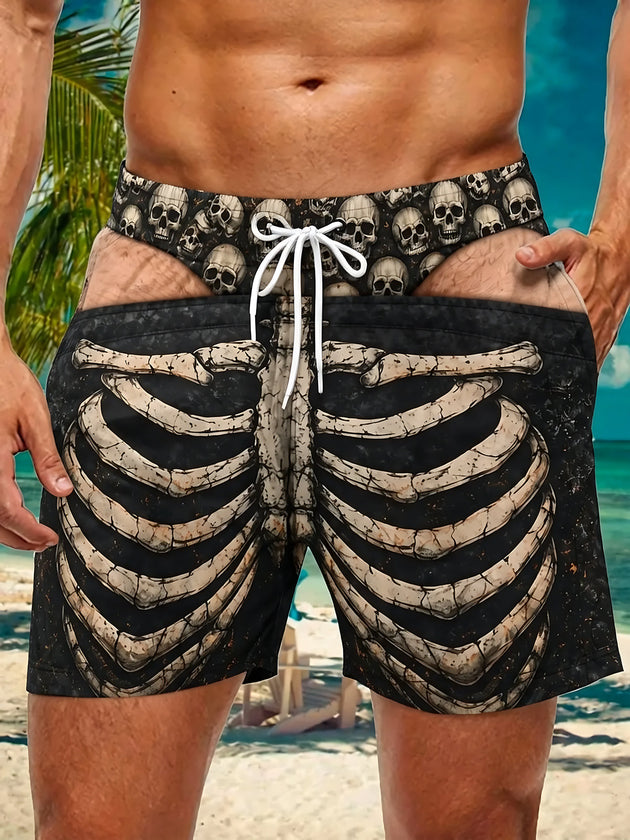 Adaychic Men's Graphic Skeleton Ribcage Print Shorts with Chest Pocket