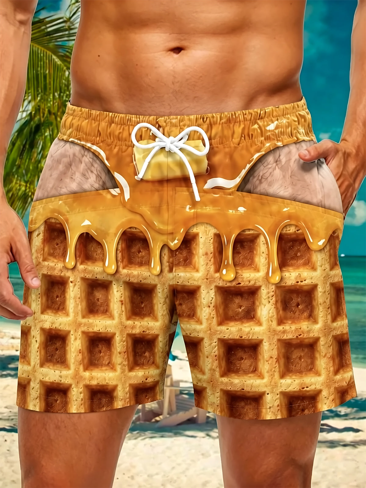 Adaychic Men's Graphic Waffle Print Syrup Drip Print Shorts with Chest Pocket